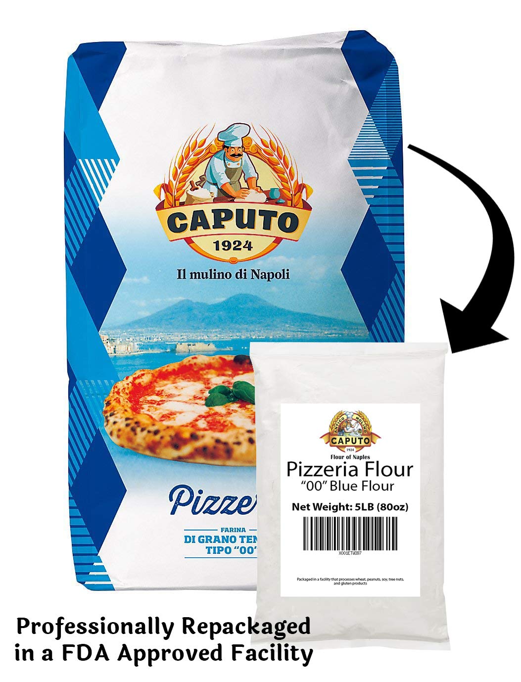 Antimo Caputo pizzeria flour closeup highlighting fine milling for strong, extensible dough.