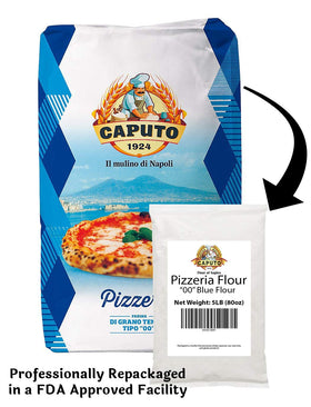 Antimo Caputo pizzeria flour closeup highlighting fine milling for strong, extensible dough.
