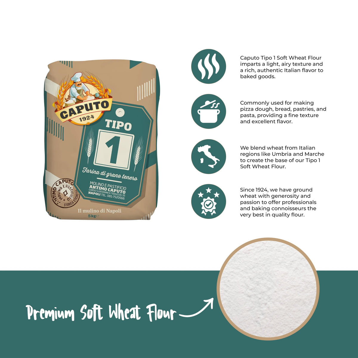 Antimo Caputo Tipo 1 flour bag close-up shows bran and germ for richer flavor.