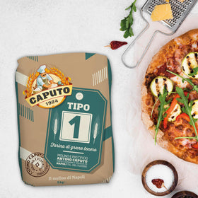 Antimo Caputo Tipo 1 soft-wheat flour bag open reveals texture for dough.