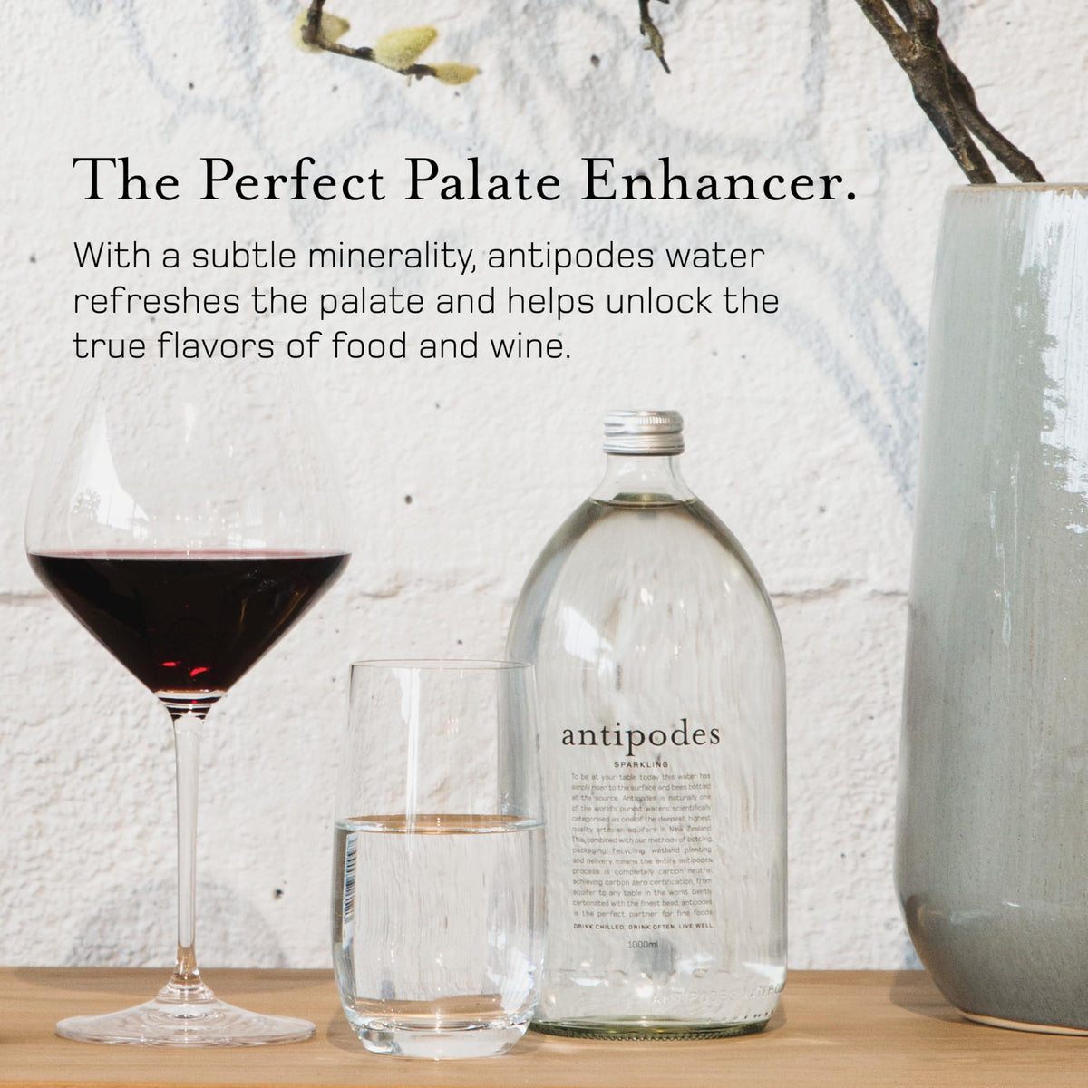 Antipodes carbon-zero certified bottle on display, emphasizing sustainability.