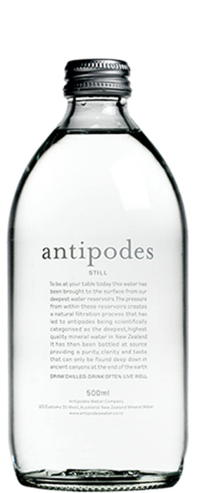 Antipodes Natural Artesian Water bottle in premium glass, showcasing purity from New Zealand.