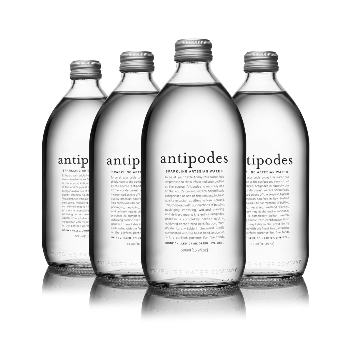 Antipodes sparkling water bottle on table, ideal for refined dining pairings.