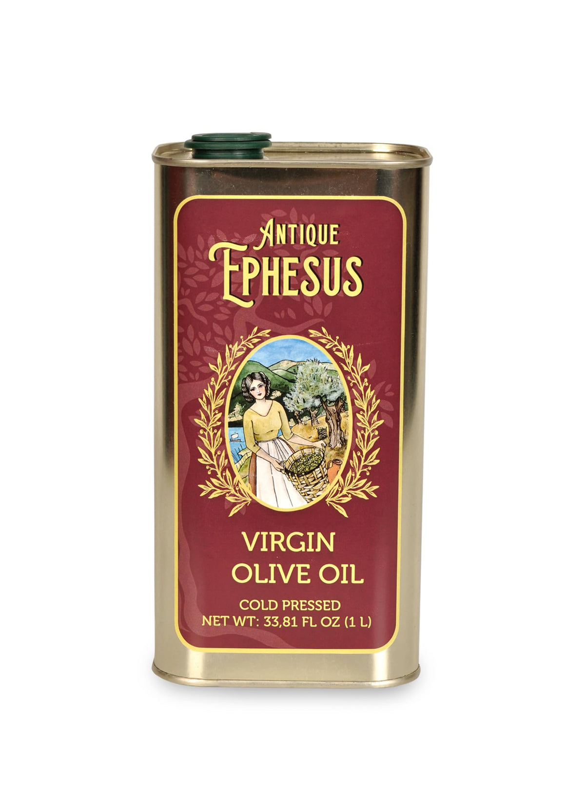Antique Ephesus olive oil bottle on wood signaling premium quality for dressings.