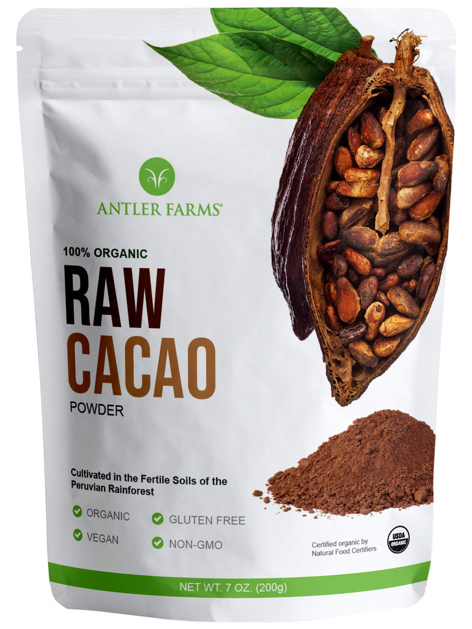 Antler Farms raw cacao powder jar showing pure organic quality for healthy drinks.