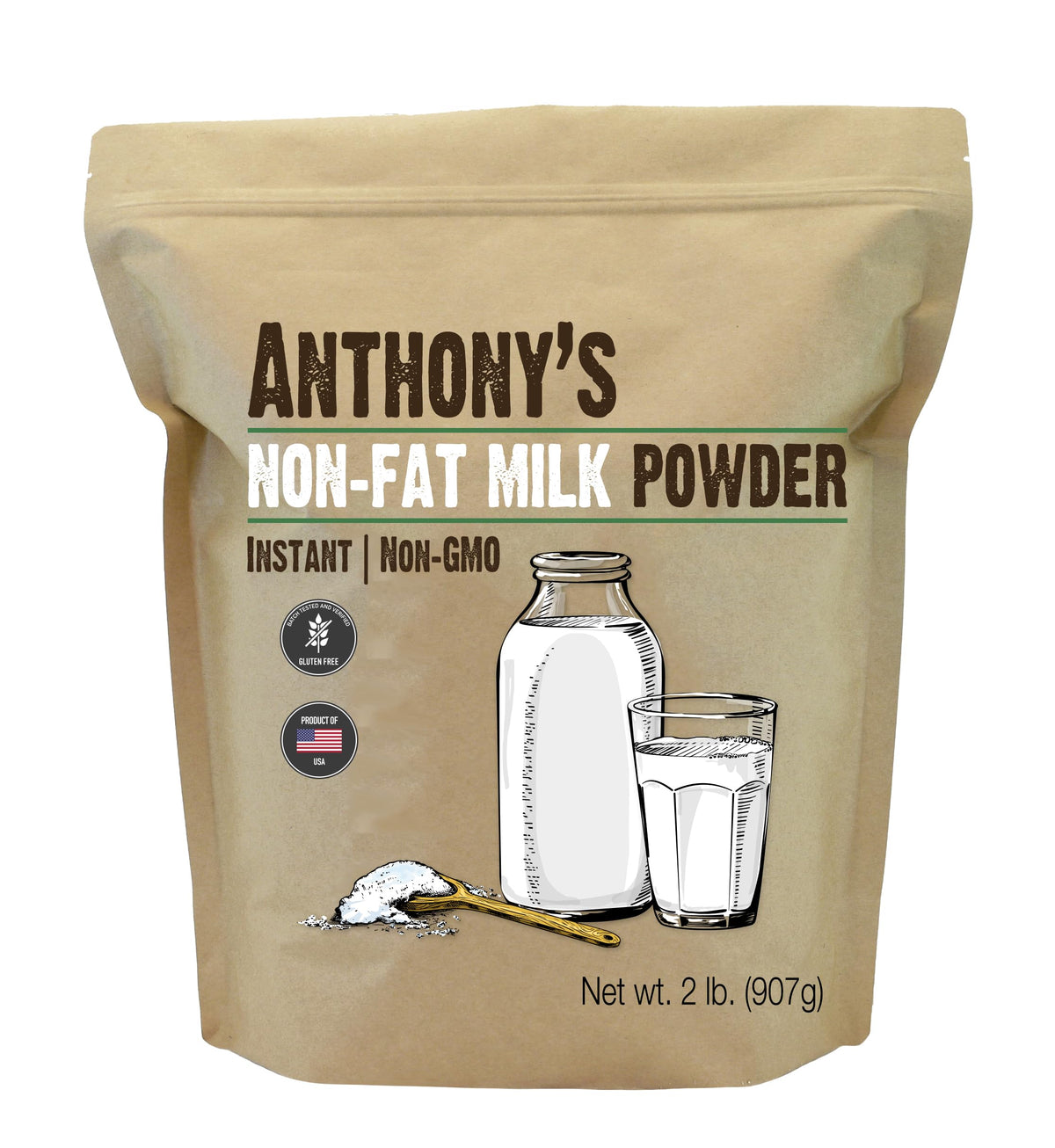 Anthony's Non Fat Milk Powder front can view highlighting gluten-free option.