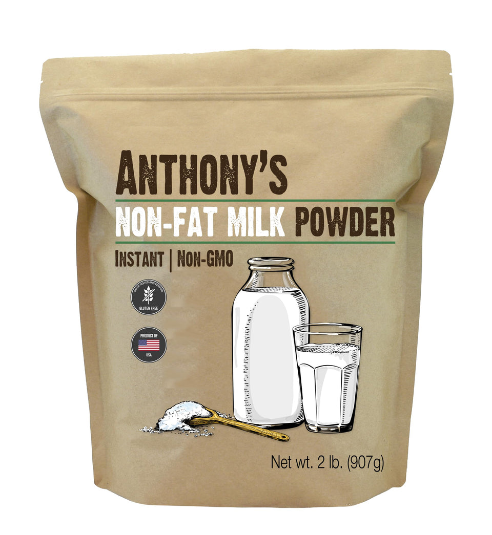 Anthony's Non Fat Milk Powder front can view highlighting gluten-free option.