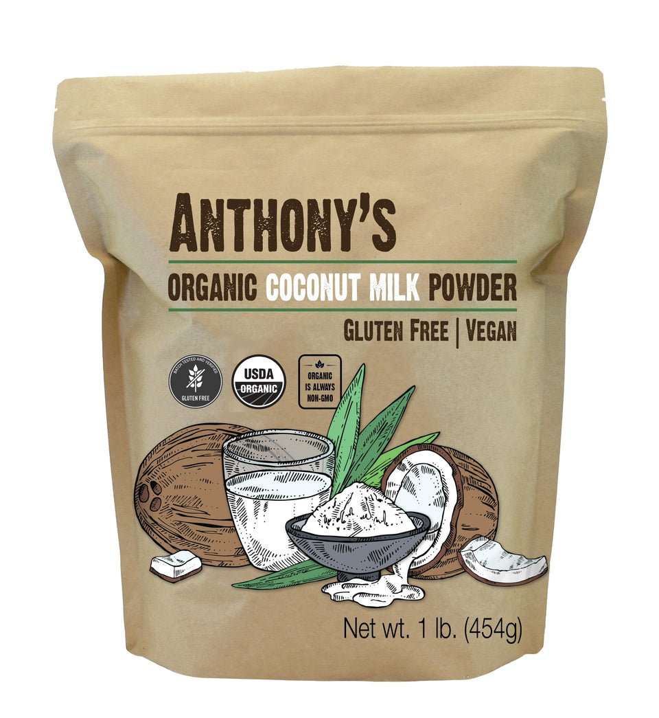 Anthony's Organic Coconut Milk Powder packaging highlights gluten-free, dairy-free option.