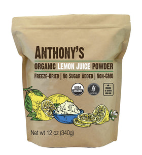 Anthony's Organic Lemon Juice Powder bottle showing convenient citrus flavor in one container.