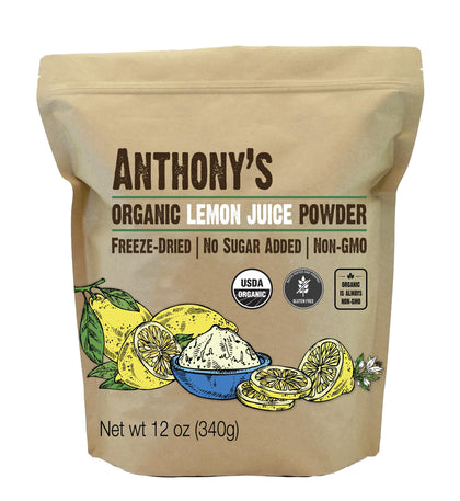 Anthony's Organic Lemon Juice Powder bottle showing convenient citrus flavor in one container.
