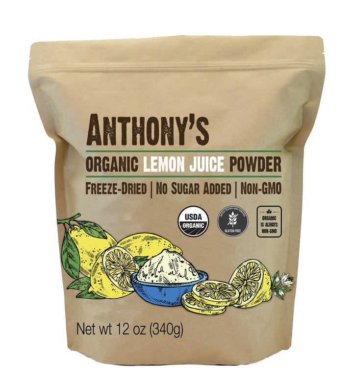 Anthony's Organic Lemon Juice Powder bottle showing convenient citrus flavor in one container.