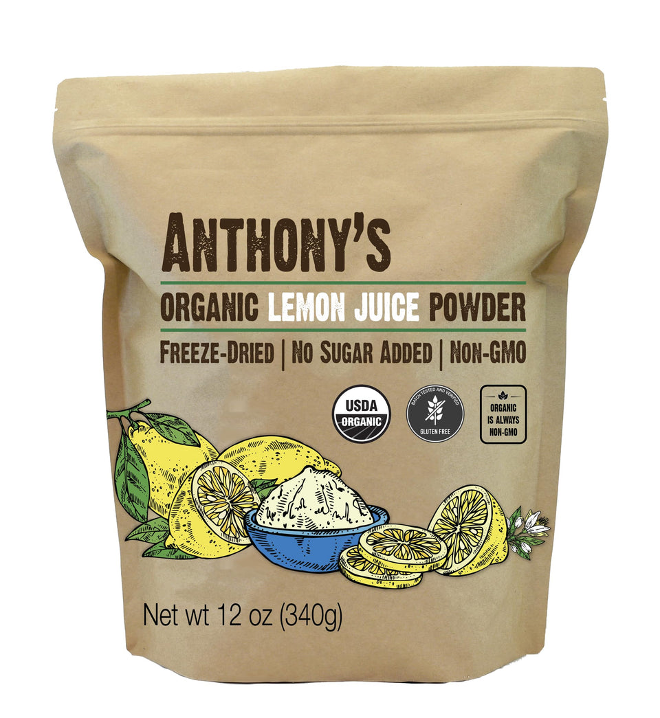 Anthony's Organic Lemon Juice Powder bottle showing convenient citrus flavor in one container.