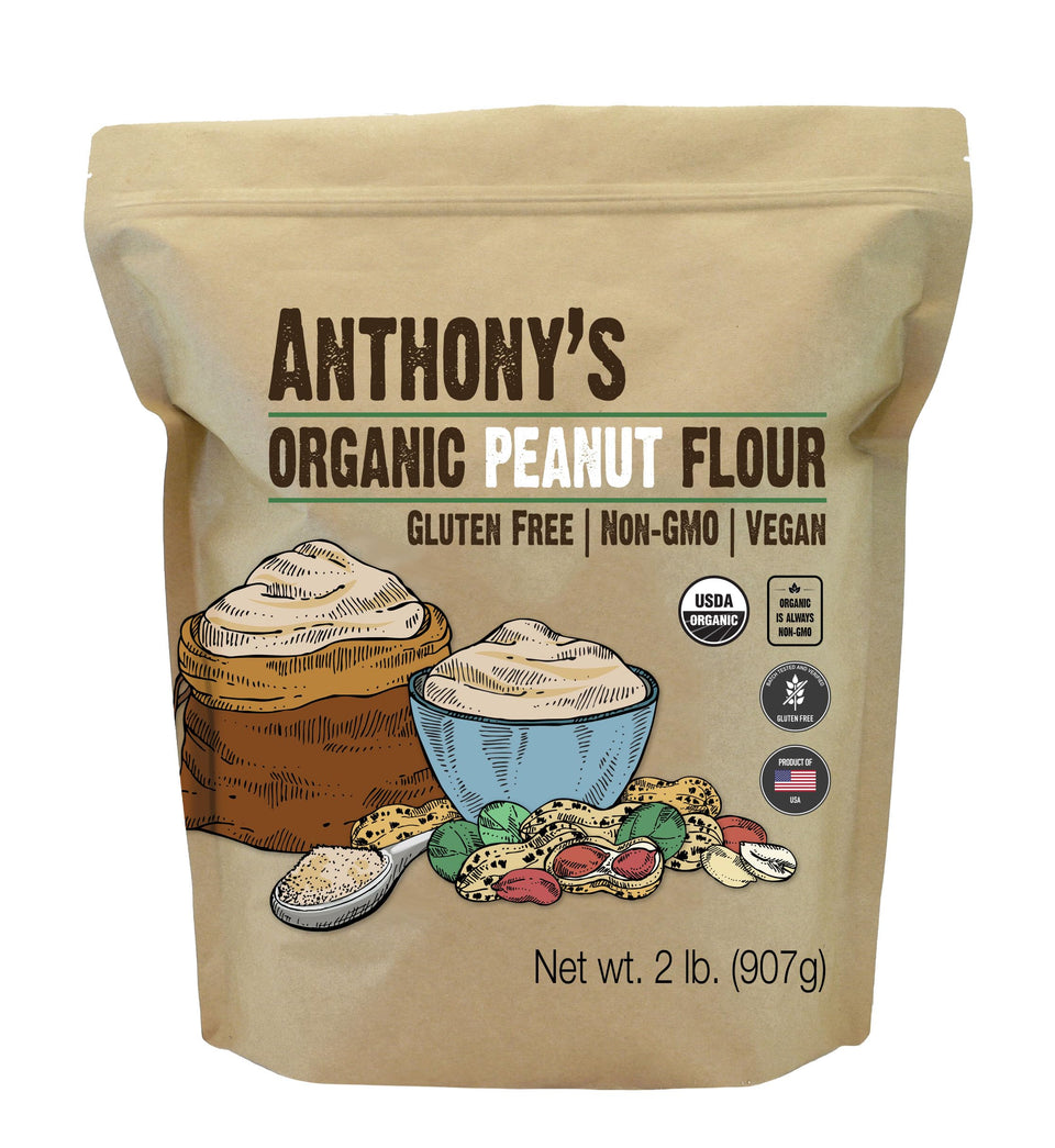 Anthony's Organic Peanut Flour bag closeup for premium gluten-free baking.