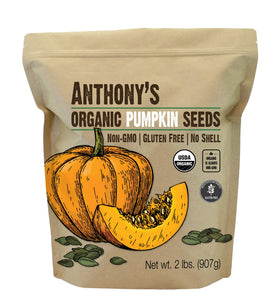 Anthony's Organic Pumpkin Seeds 2 lb front view of raw unsalted kernels ready to snack.