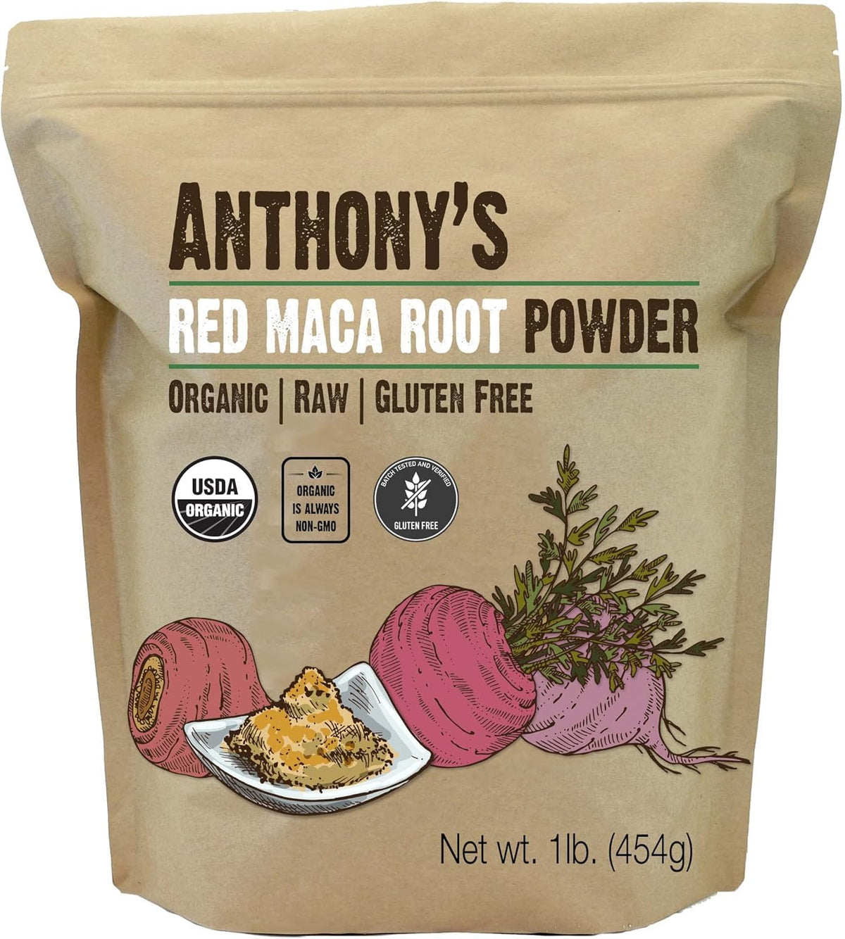 Anthony's Organic Red Maca Powder bottle with label, raw and gluten-free