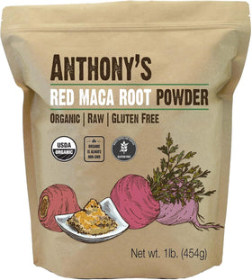 Anthony's Organic Red Maca Powder bottle with label, raw and gluten-free