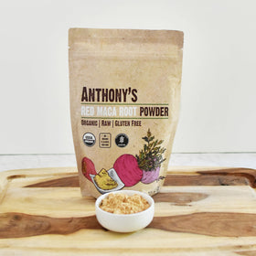 Gluten-free and non-GMO icons on Anthony's maca powder package