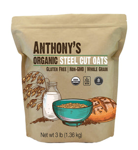 Anthony's Organic Steel Cut Oats bag shows wholesome whole grains for a hearty breakfast
