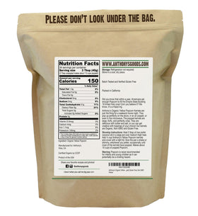 Close-up of Anthony's Organic Yellow Popcorn Kernels highlighting organic, non-GMO quality.