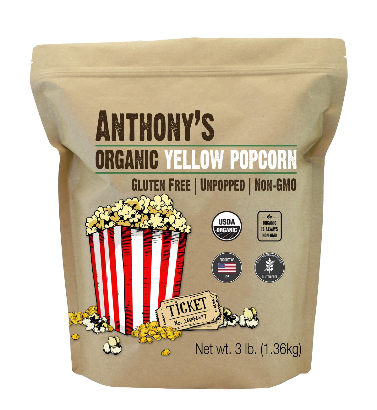 Anthony's Organic Yellow Popcorn Kernels uncooked on a board, ideal for gluten-free snacking.