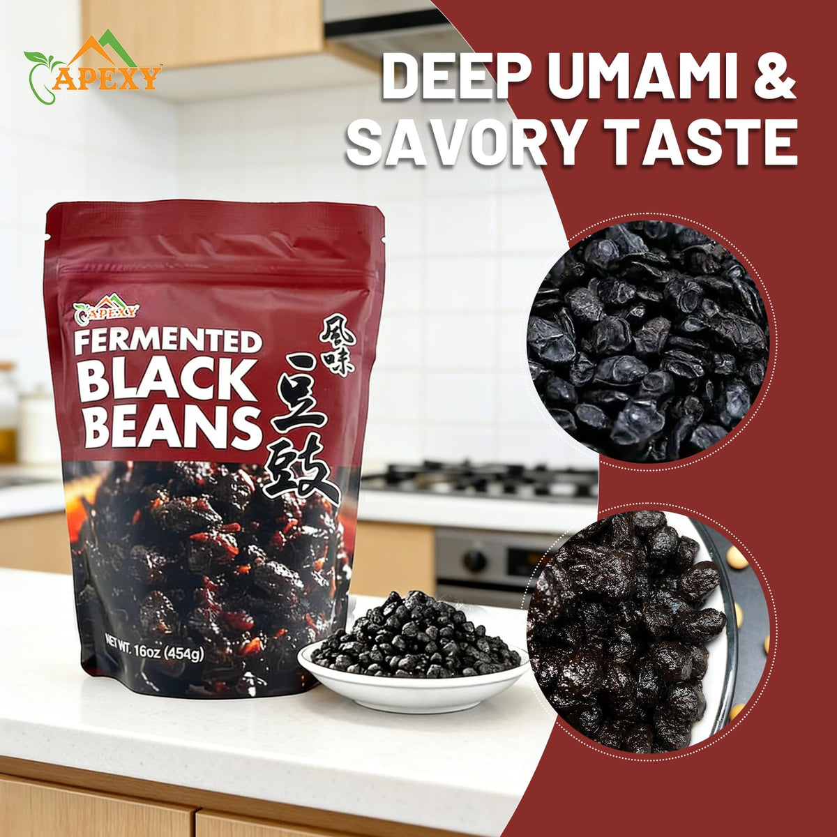 Apexy black beans in bag ready for rehydration and versatile cooking.