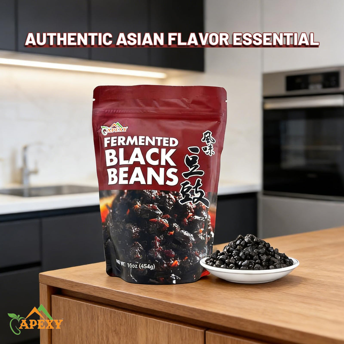 Apexy douchi beans closeup highlights authentic flavor and glossy texture.