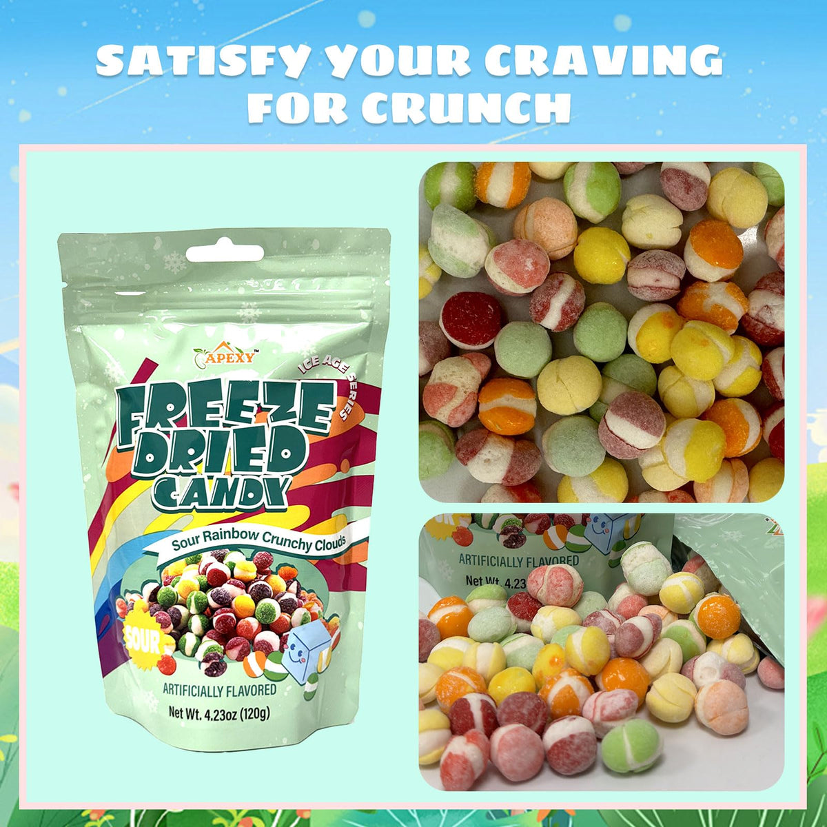 Apexy Freeze Dried Candy Resealable pouch – keeps candy fresh between bites.