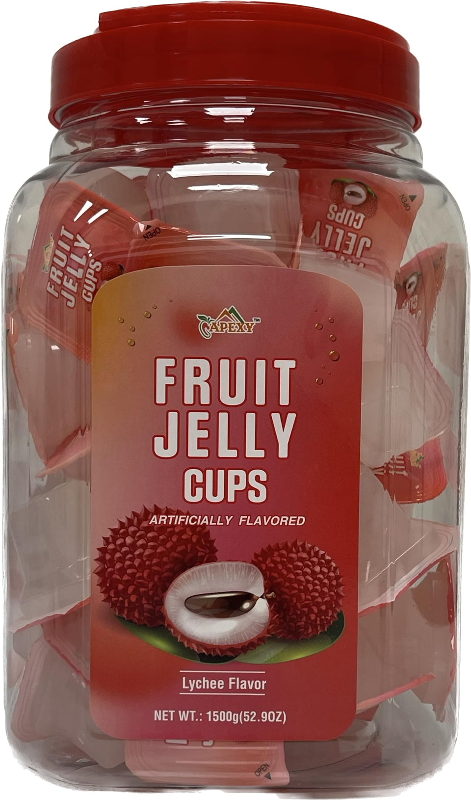 Apexy Lychee Fruit Jelly Cups pack, convenient bite-sized jelly cups for home or on the go.