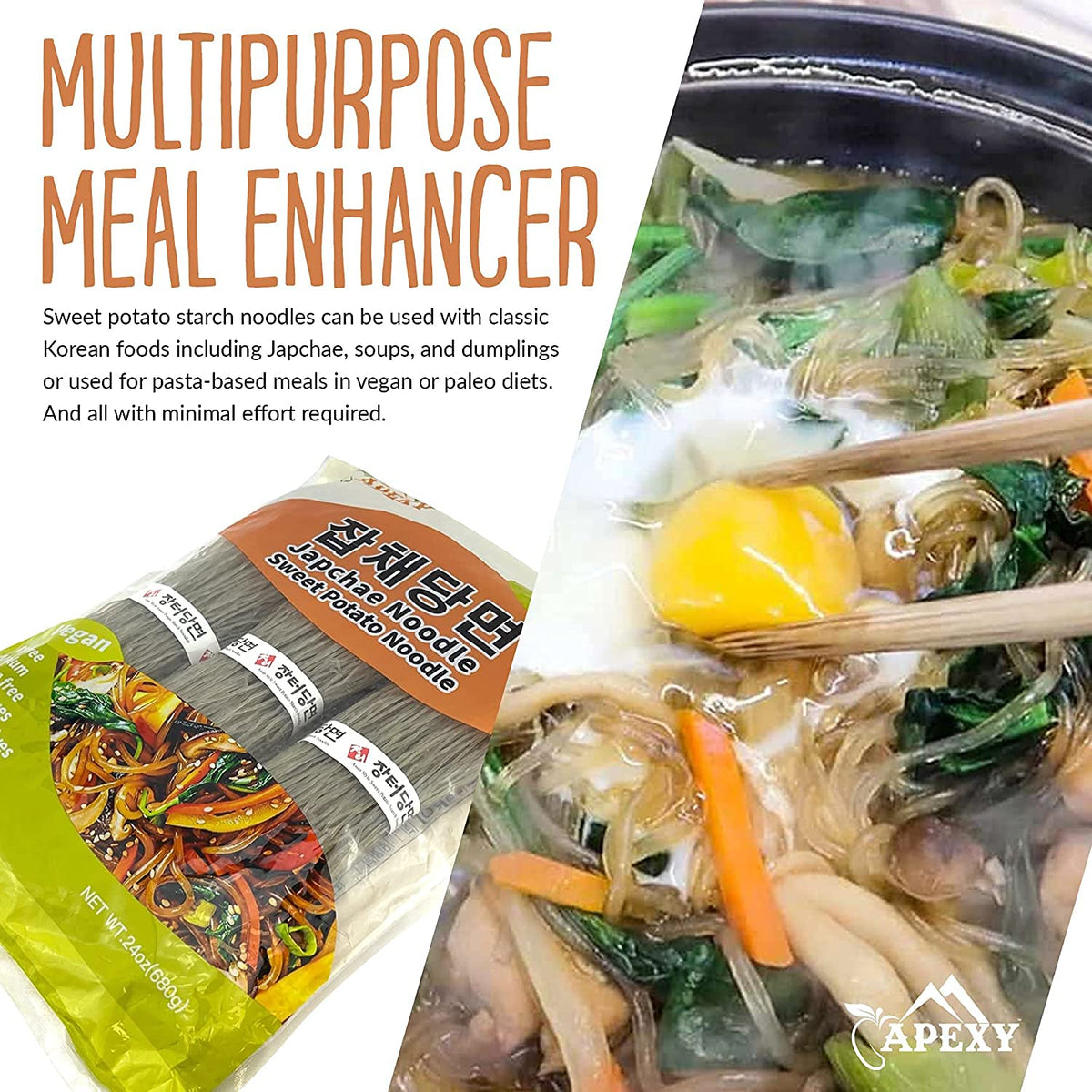 APEXY Glass noodles uncooked loose pack ready to soak and cook.