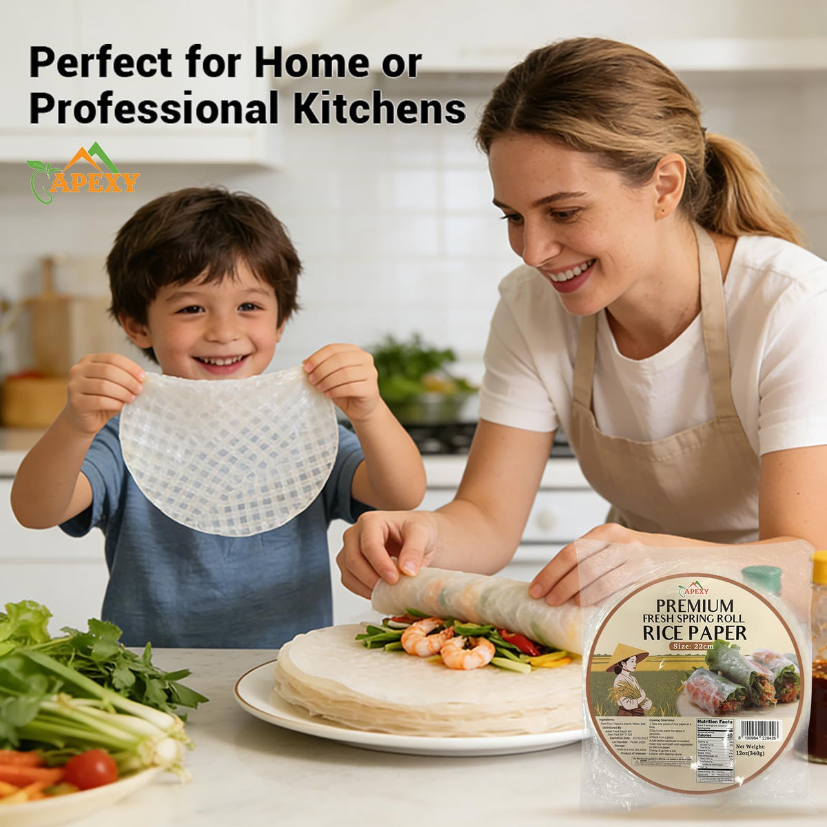 APEXY cholesterol-free rice paper complements healthy veggie and protein fillings.