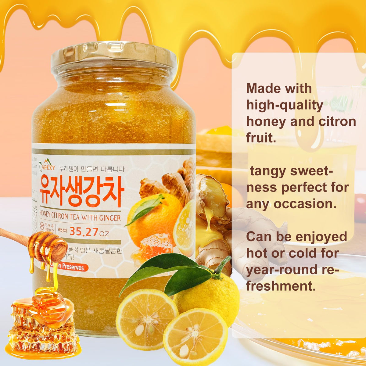APEXY honey citron tea jar closeup featuring visible fruit pieces and honey.