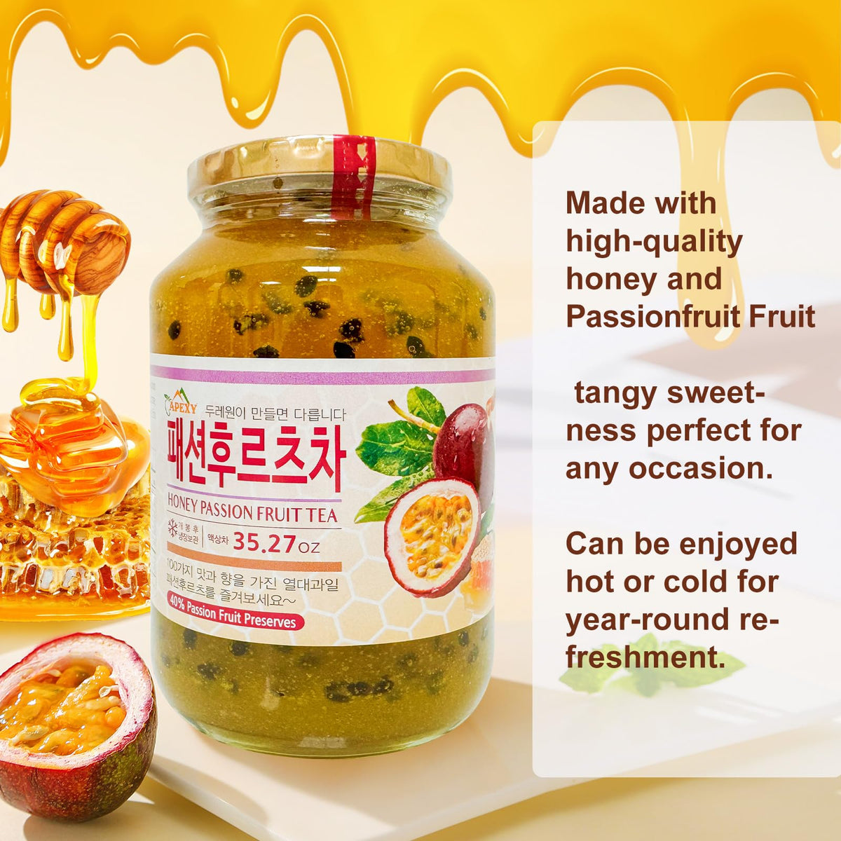 APEXY hot tea shown with steam, highlighting year-round versatility.