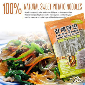 APEXY Japchae dish with noodles showing vibrant, glossy finish.
