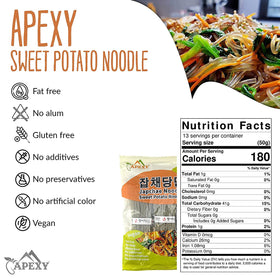 APEXY Japchae noodles prepared for stir-fry with vegetables.