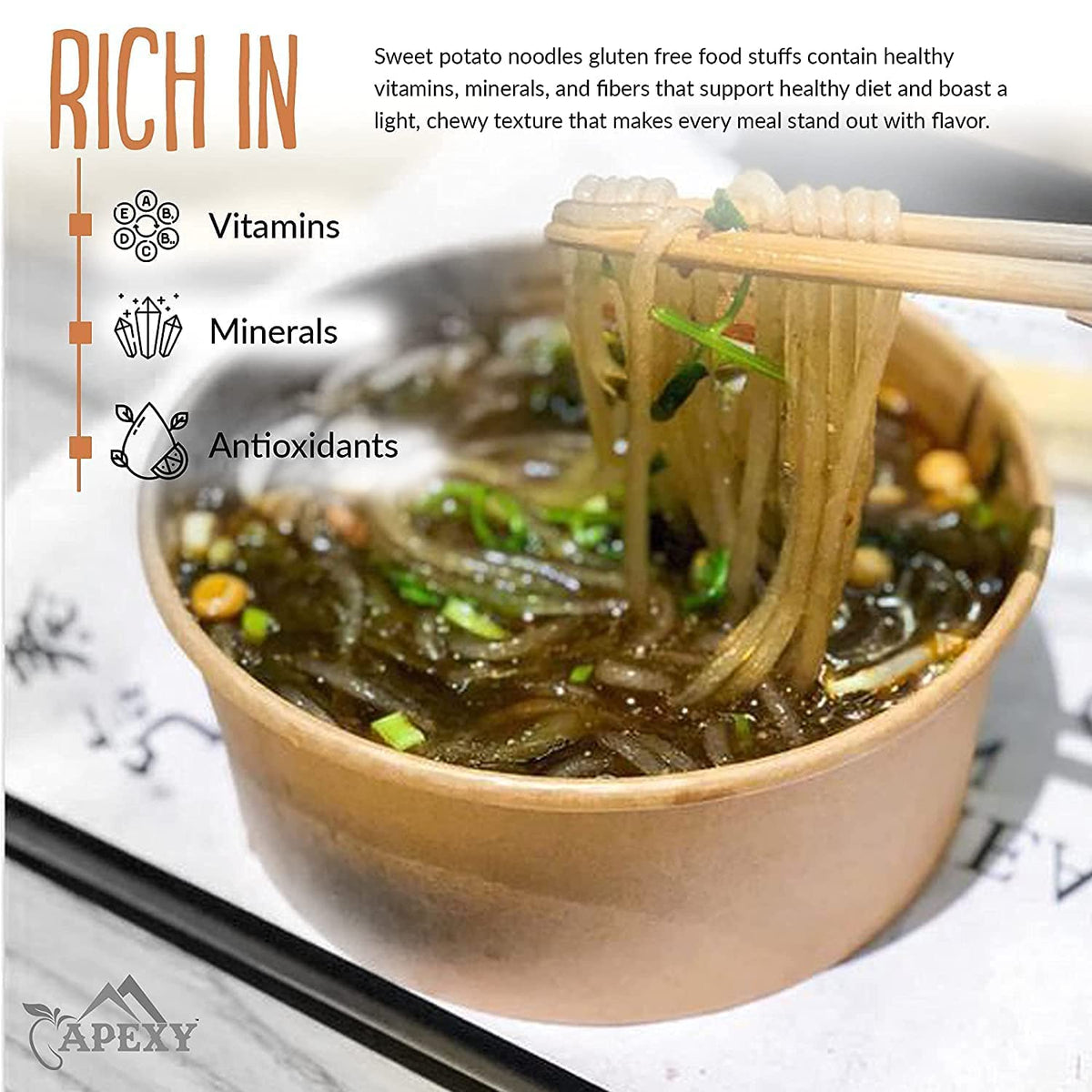 APEXY Japchae plate highlighting chewy texture and color.