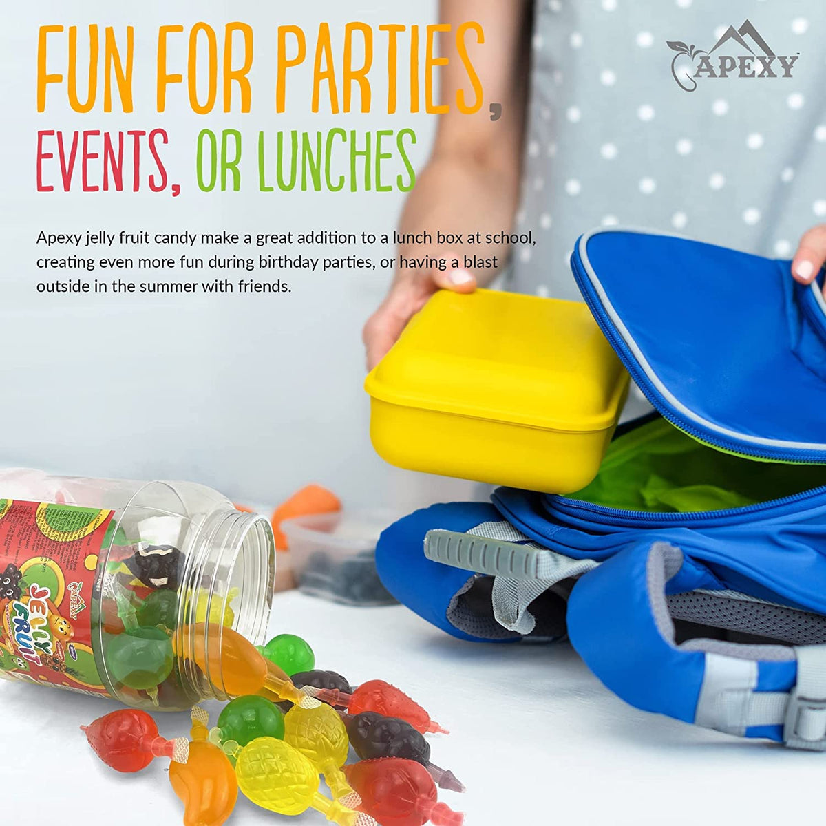 APEXY Jelly Fruit Candy assorted flavors suitable for party favors.