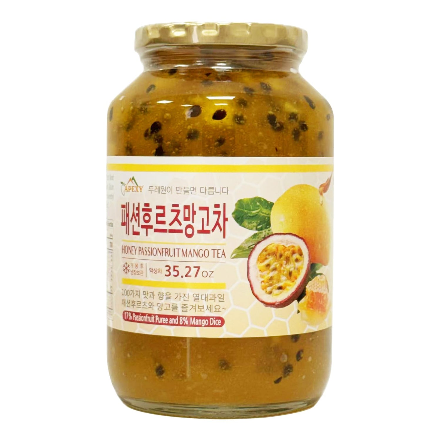 Apexy Korean Honey Passionfruit Mango Tea bottle shows real fruit pieces for vibrant flavor.