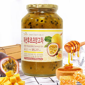 Apexy honey passionfruit mango tea jar highlighting natural ingredients and honey sweetness.