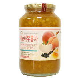 Apexy Korean Honey Peach Oolong Tea jar with real fruit slices for natural flavor.
