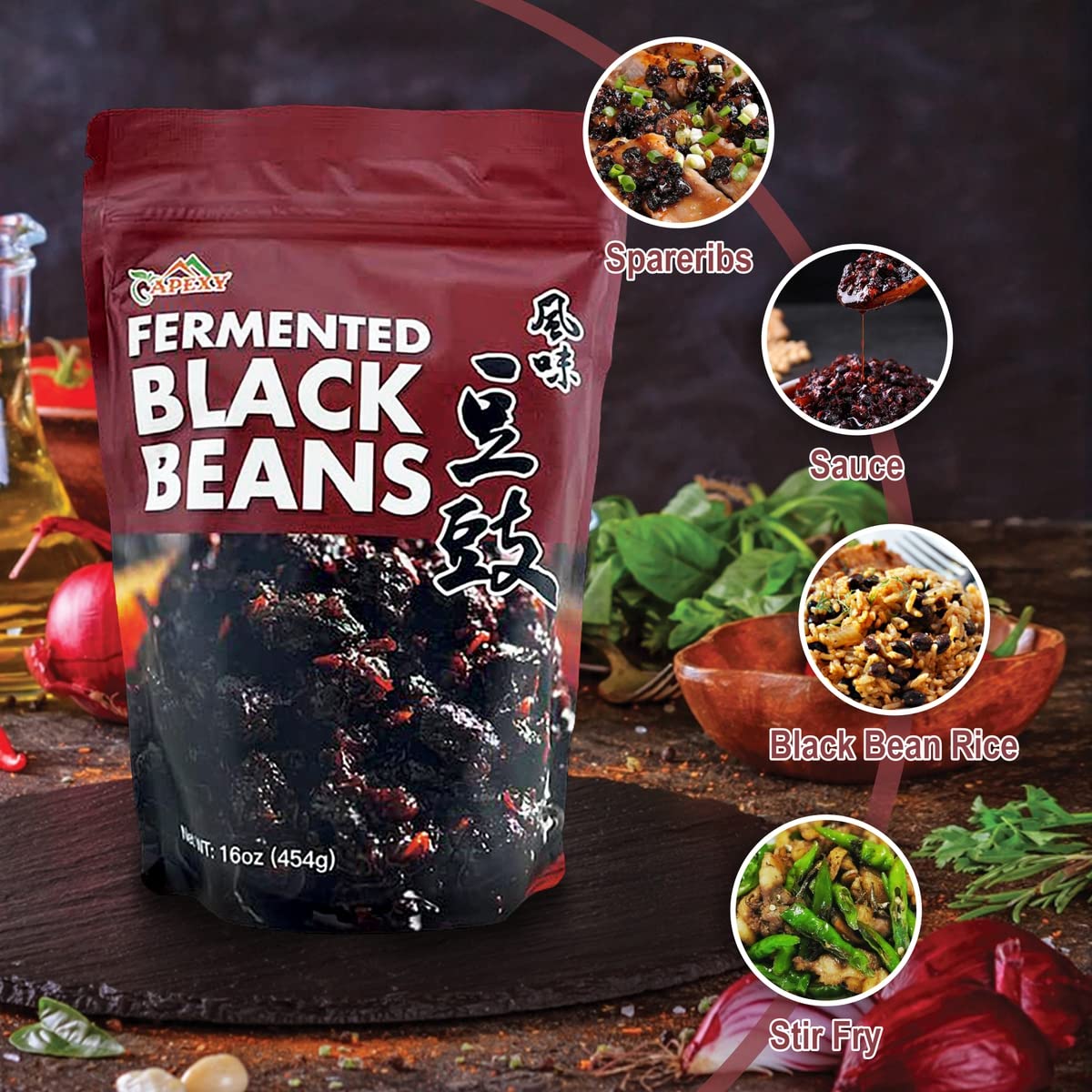 Apexy Fermented Black Beans serve as a pantry staple for bold flavors.