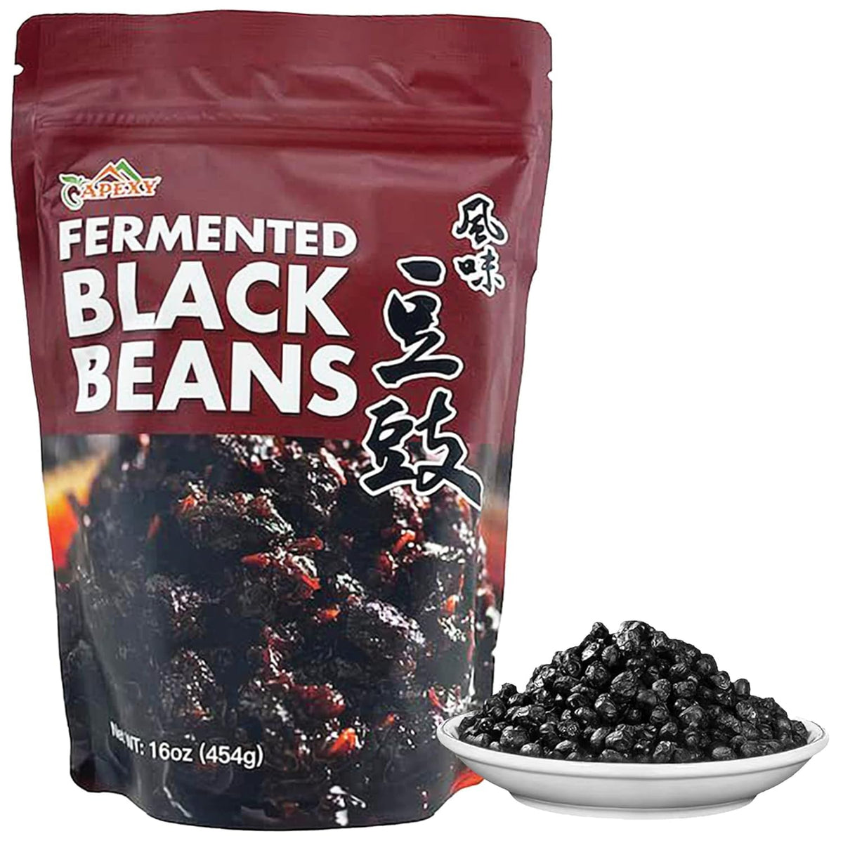 Apexy premium fermented black beans in a sealed pack for rich umami in stir-fries.