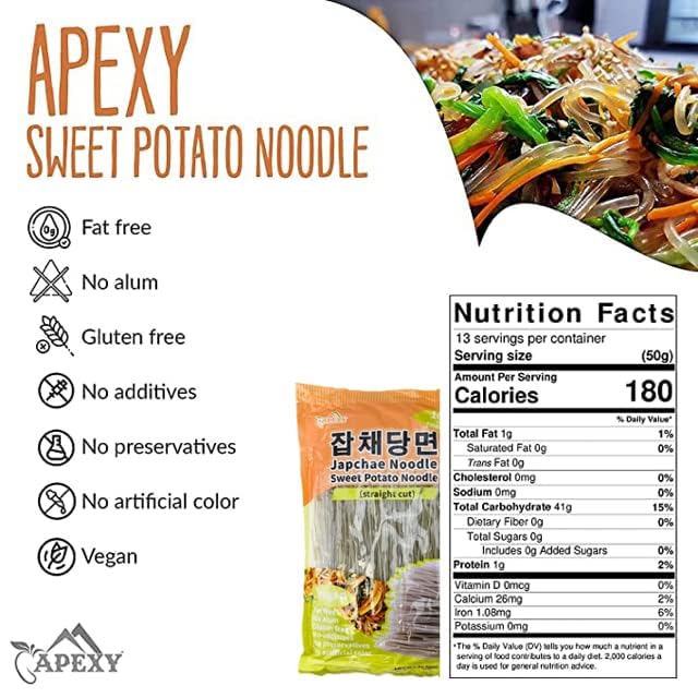 APEXY Sweet Potato Noodles raw straight-cut strands ideal for stir-fries.