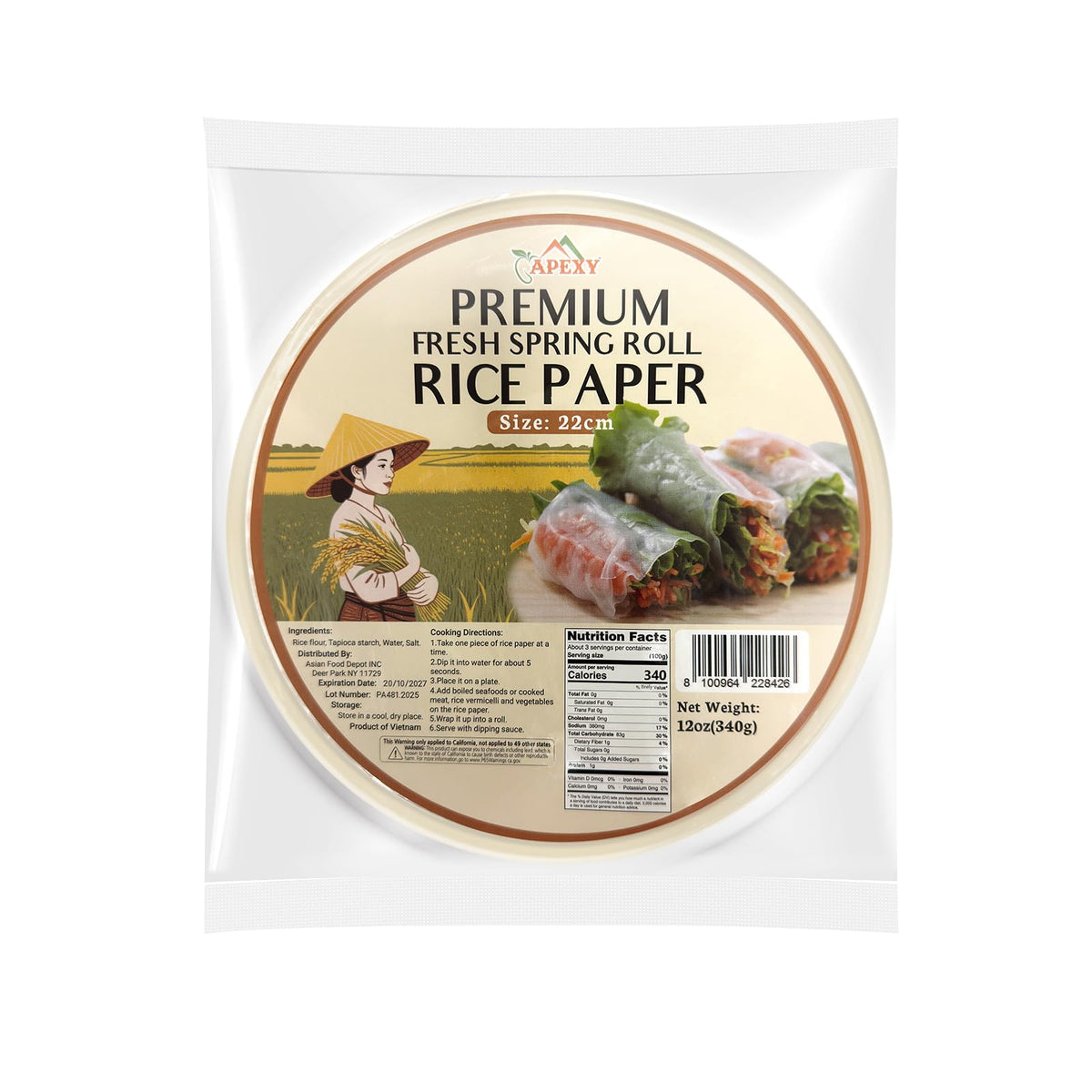 APEXY Vietnamese rice paper for fresh spring rolls — flexible and easy to roll.