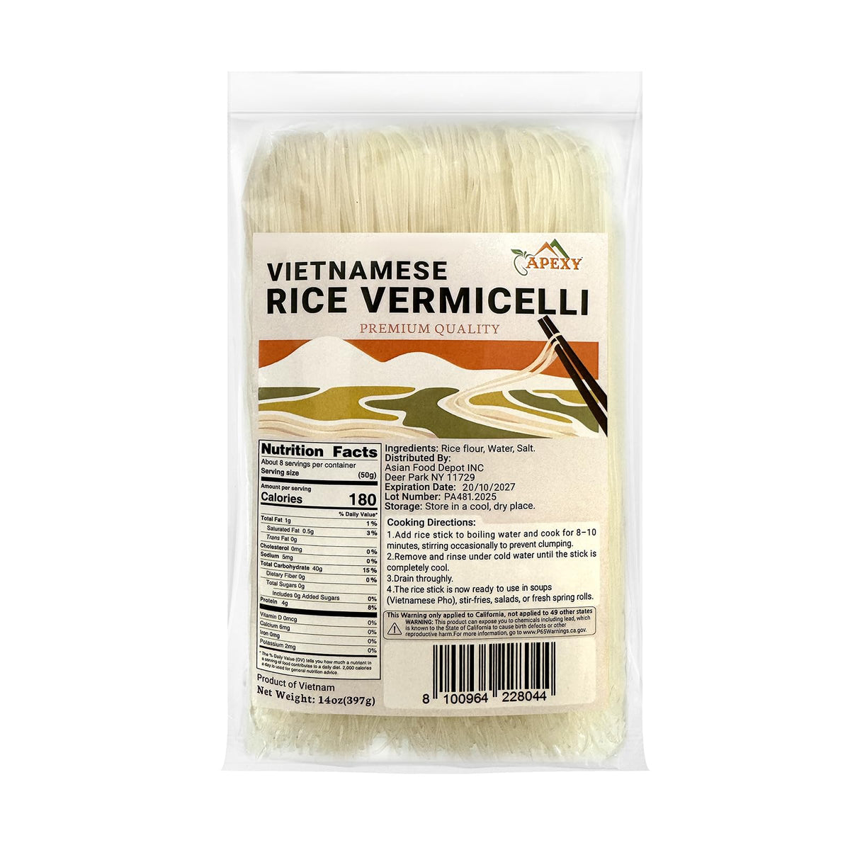 APEXY Vietnamese rice vermicelli 14 oz pack—silky texture for pho and stir-fry.