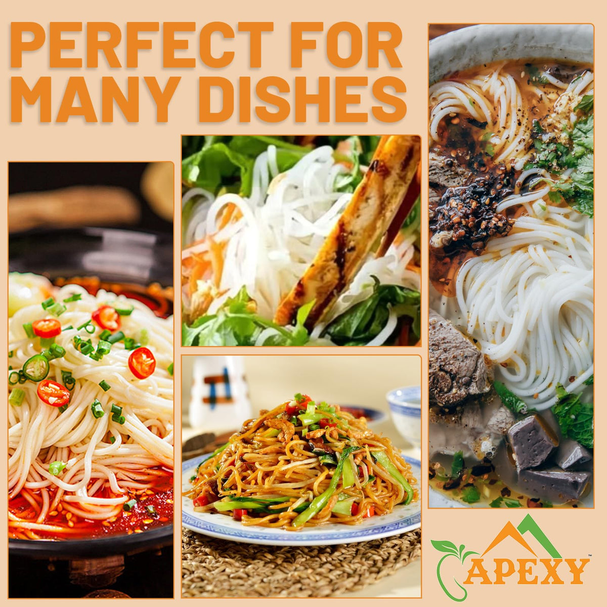 APEXY 3-pack vermicelli shown with herbs for family meals and meal prep.