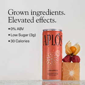 Close-up of Aplós Ume Spritz bottle highlighting botanicals for a calm sip.