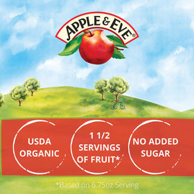 Pouring Apple & Eve Organics juice into a glass, fresh and naturally sweet.