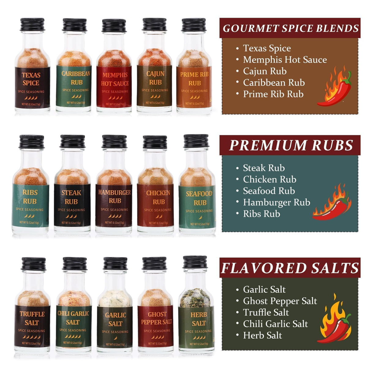 Apragaz spice jars lined up showcasing 15 flavors for versatile grilling