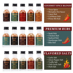 Apragaz spice jars lined up showcasing 15 flavors for versatile grilling