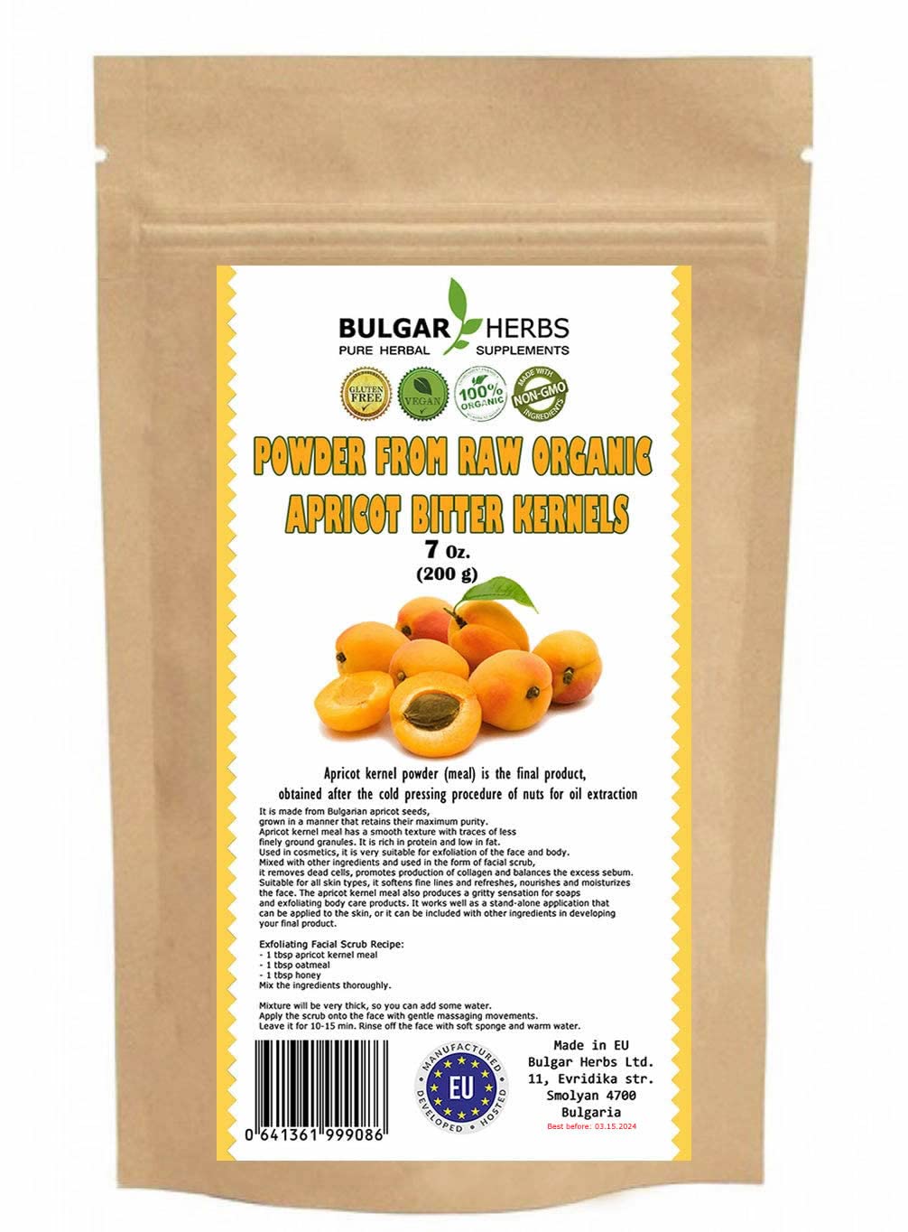 Apricot Bitter Kernel Meal powder closeup for gentle exfoliation in skincare.